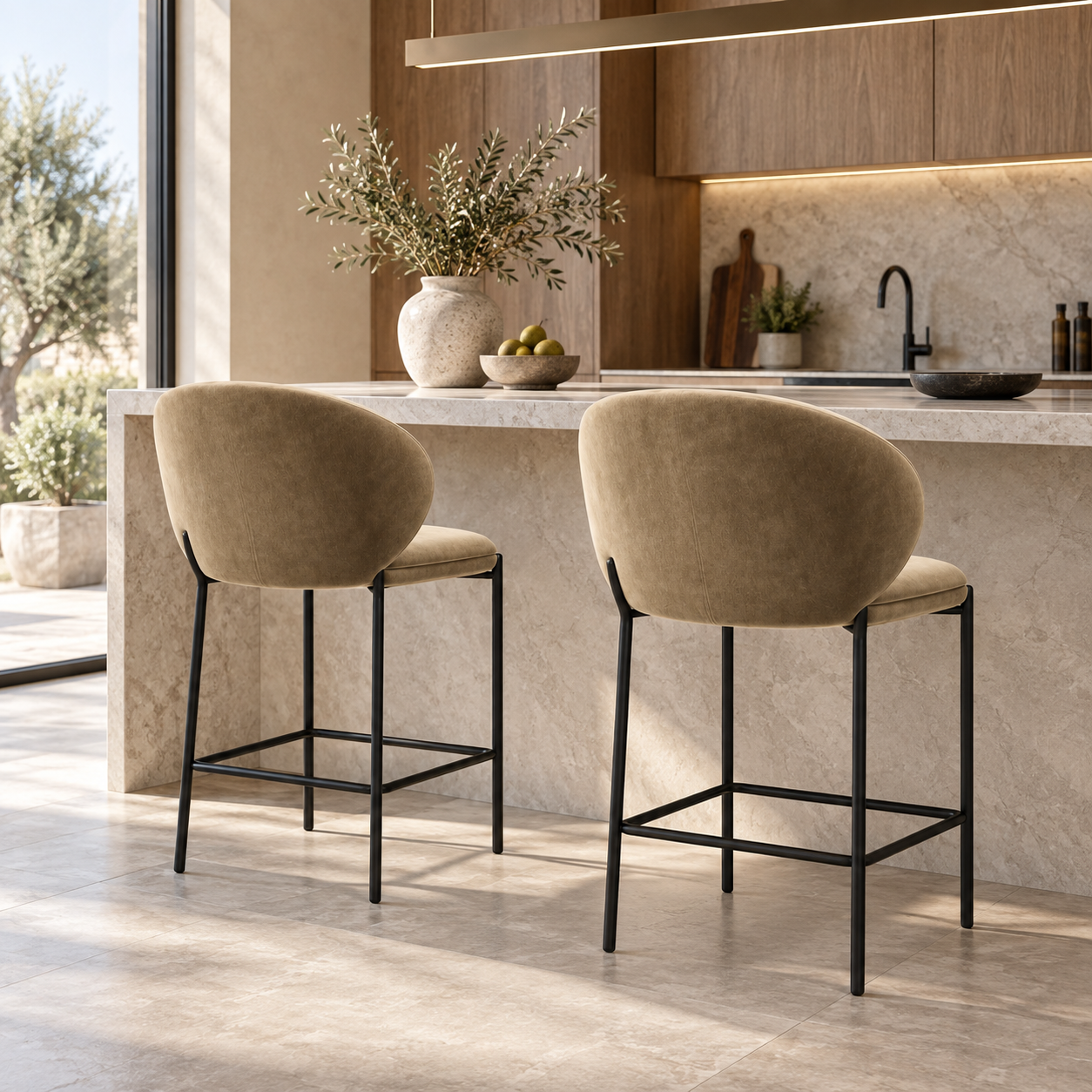 Set of 2 Luca Velvet Stools with Black Legs - Image 2