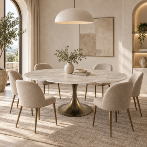JACINTHE Travertine Finish and Bronze Base Extendable Table, 120cm - Image 2