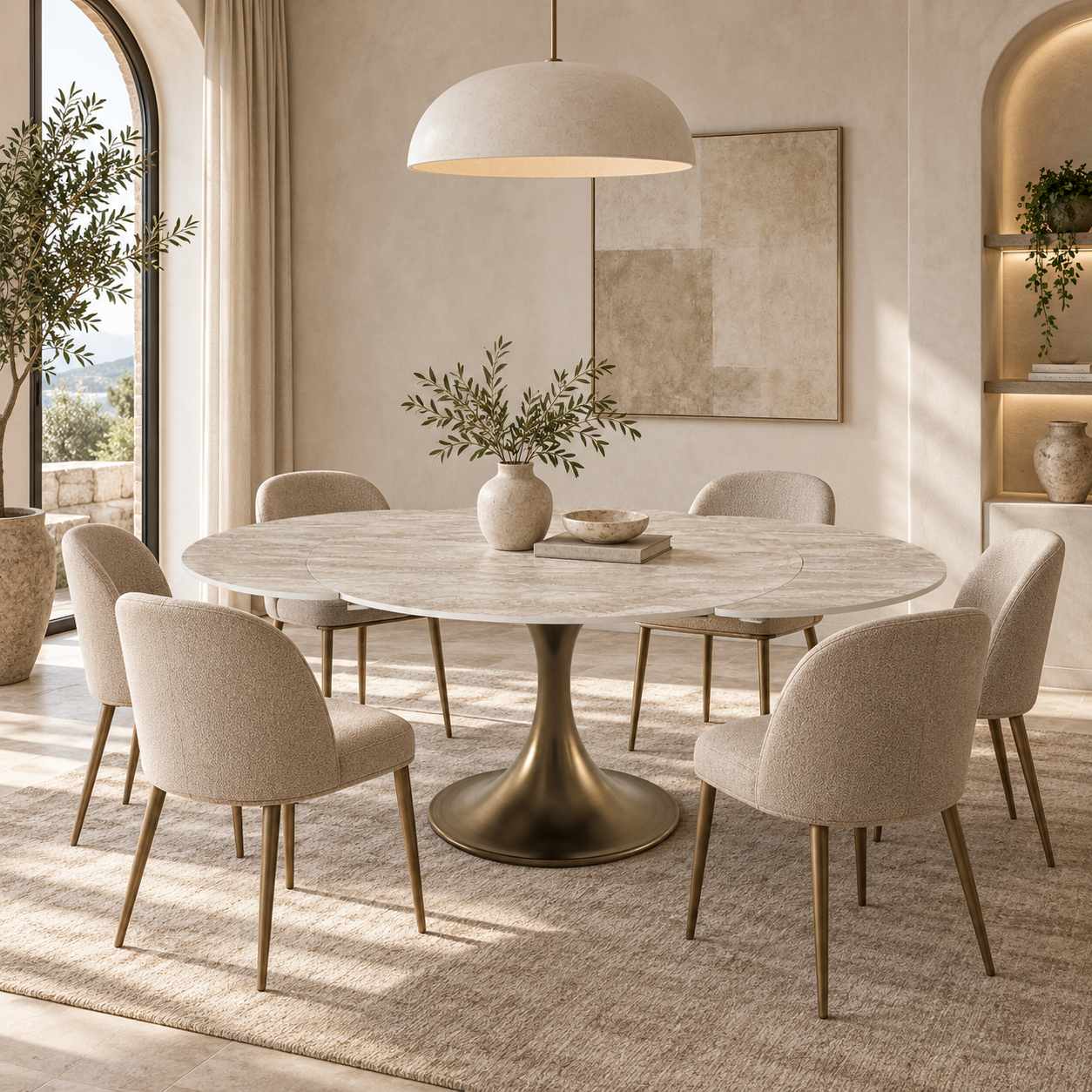 JACINTHE Travertine Finish and Bronze Base Extendable Table, 120cm - Image 2