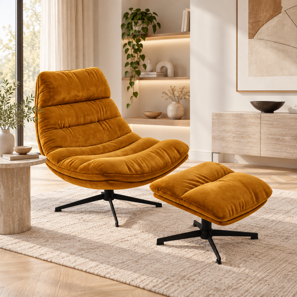 RIVA Velvet Swivel Armchair and Footstool Set